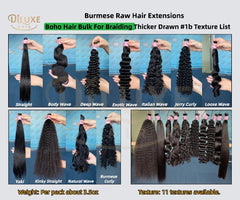 Burmese Raw Unwefted Boho Bulk Thicker Drawn #1B Hair Extensions 100g