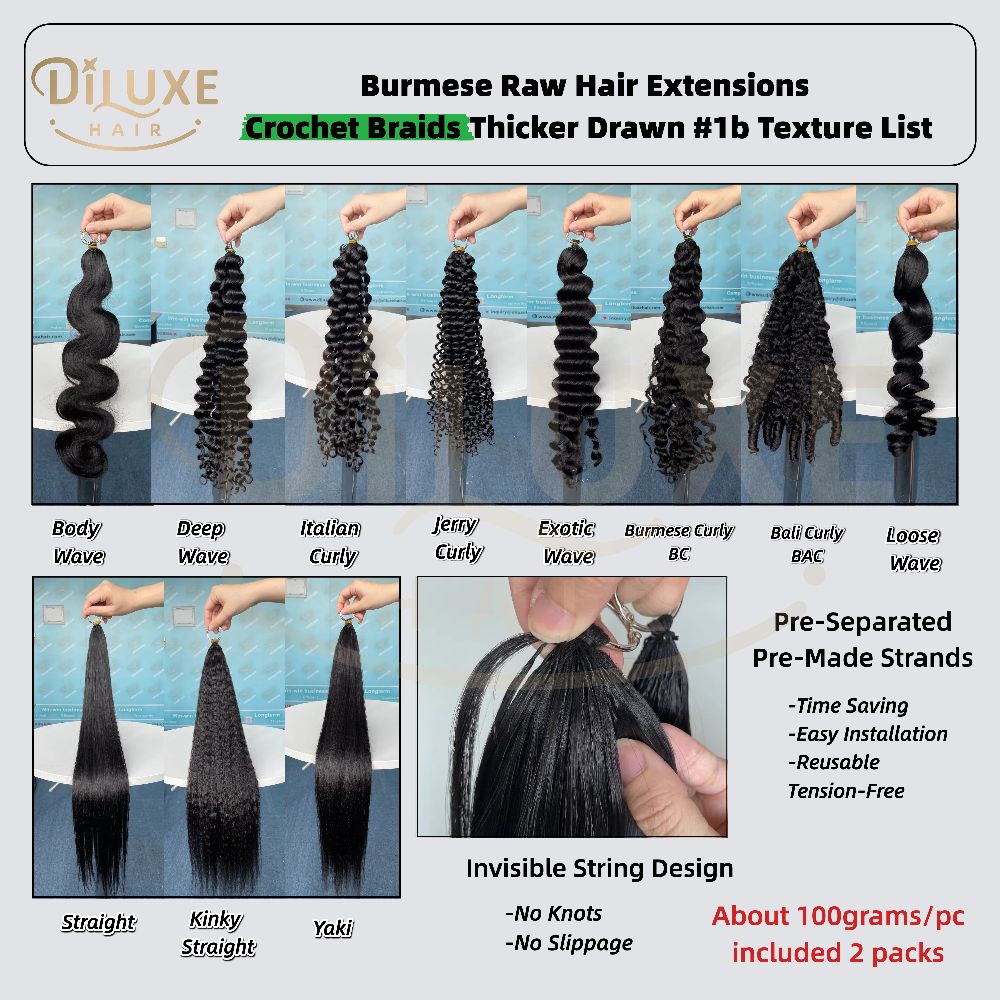 Burmese Raw  Crochet Braids Thicker-Drawn Hair Extensions #1B