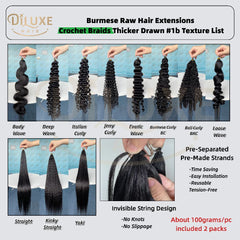 Burmese Raw  Crochet Braids Thicker-Drawn Hair Extensions #1B